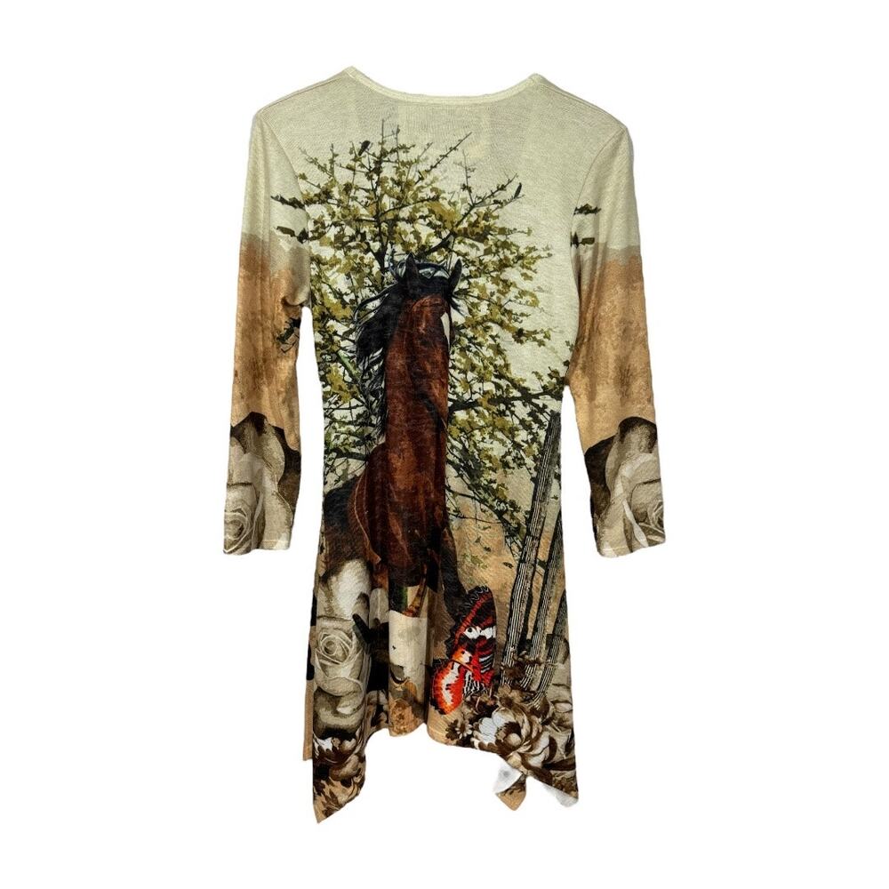 Amma Designs Horse Print Graphic Tunic Top Medium Butterfly Floral Asymmetrical - Picture 3 of 6